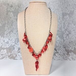 Crimson Berry Drop Necklace Beaded Silver Tone Chain